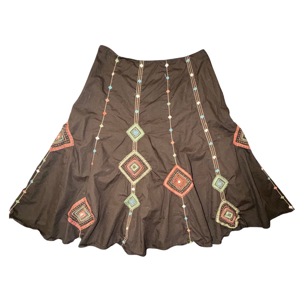 Sunny Leigh Petite Brown Cotton Embroidered Flare Skirt Diamond Geometric Boho 2